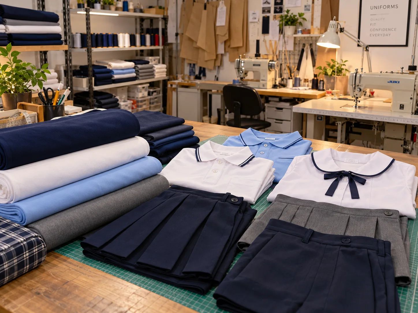 Tecidos e peças de uniforme dispostos sobre uma mesa no ateliê